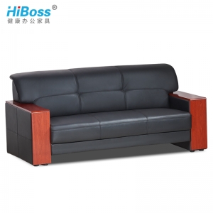 HiBoss 办公沙发现代实木扶手商务洽谈会客接待三人位 黑色西皮三人位
