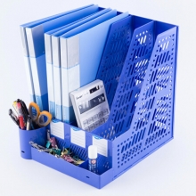 广博 (GuangBo)WJK9267-L 加厚四联文件框 带笔筒文件筐 蓝色