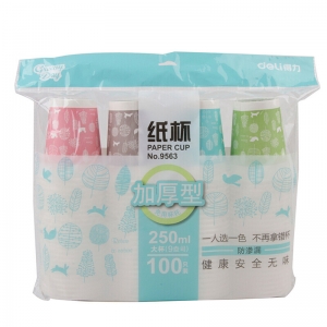 得力(deli)250ml(9盎司)加厚四色一次性水杯/纸杯 100只装 办公用品 9563
